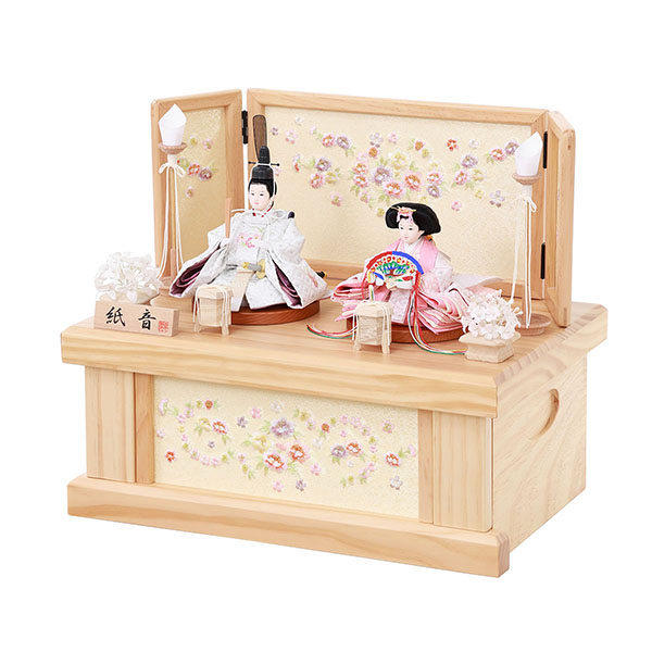 フジキ　 雛人形　紙音 衣裳着 三曲輪桜刺繍屏風 収納箱飾り　詳細画像