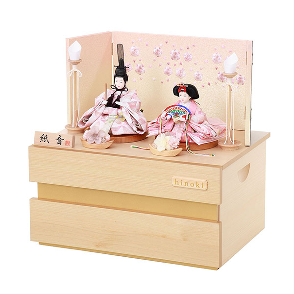 フジキ　 雛人形　紙音 衣裳着 柳親王 檜 八重桜刺繍屏風 収納箱飾り　詳細画像