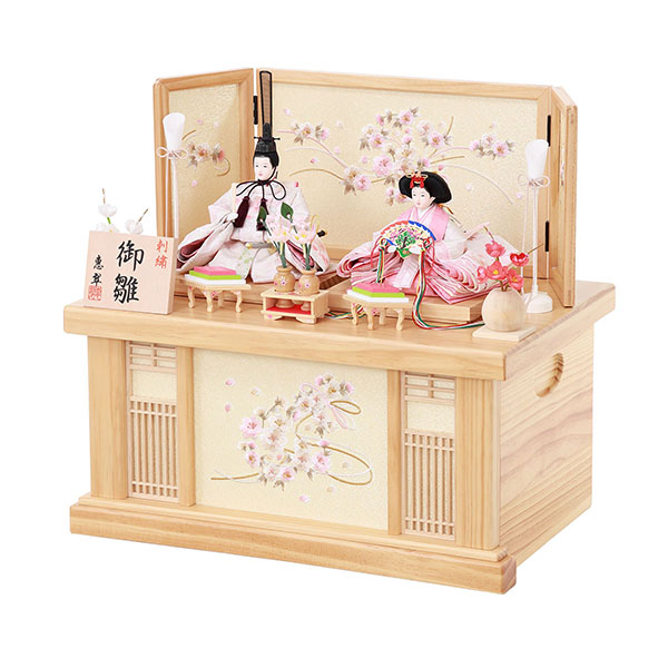 フジキ　 雛人形　恵翠作 衣裳着 芥子親王 刺繍 白木 木目 刺繍流水桜屏風 収納箱飾り　詳細画像