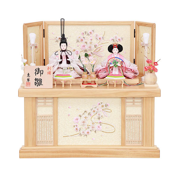 恵翠作 衣裳着 芥子親王 刺繍 白木 木目 刺繍流水桜屏風 収納箱飾り