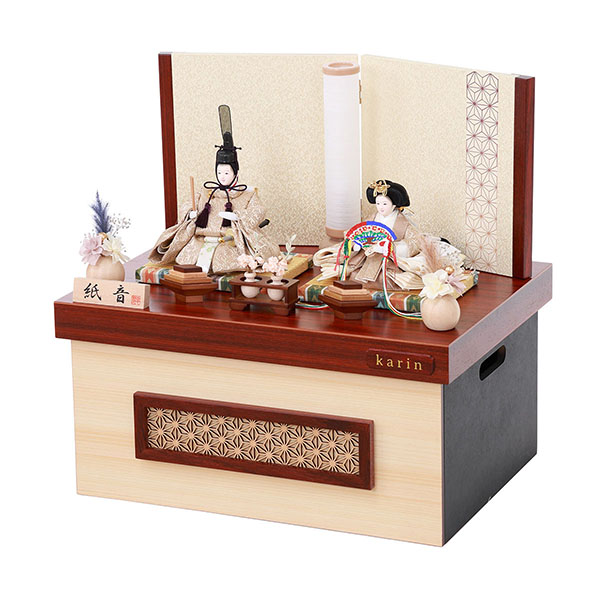 フジキ　 雛人形　紙音 衣裳着 柳親王 二曲麻の葉屏風 花梨 収納箱飾り　詳細画像