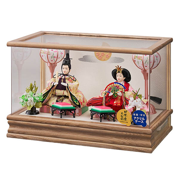 藤翁　 雛人形　みのり 豆親王飾り 茶木目 ホワイトオーク 金彩バック アクリルケース　詳細画像