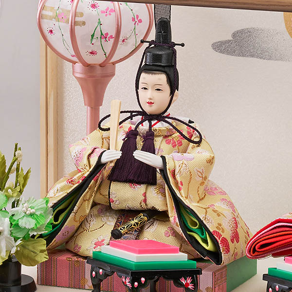 藤翁　 雛人形　みのり 豆親王飾り 茶木目 ホワイトオーク 金彩バック アクリルケース　詳細画像