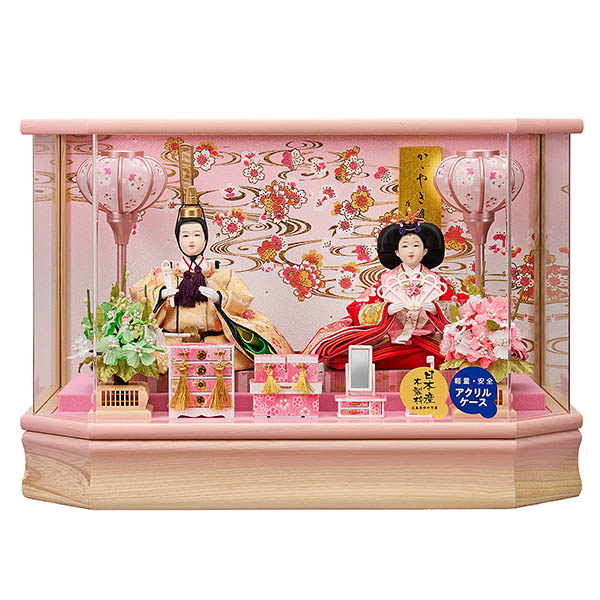 藤翁　 雛人形　美里 小三五親王飾り 白木 木目 六角 ホワイトオークボカシ アクリルケース　詳細画像