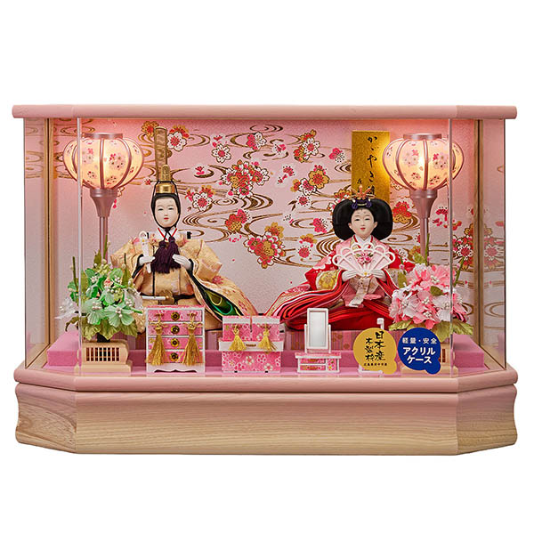 美里 小三五親王飾り 白木 木目 六角 ホワイトオークボカシ アクリルケース