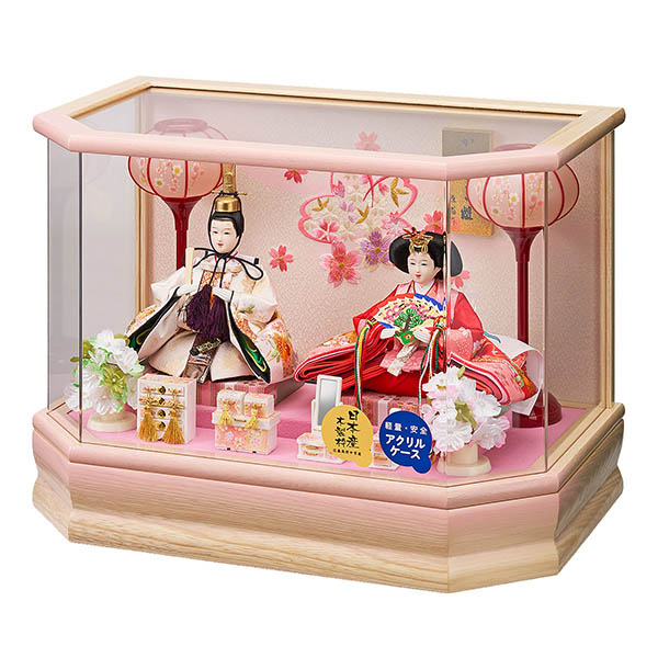 雛人形 藤翁 彩乃 豆親王飾り 桃 白木 木目 六角 ホワイトオークボカシ 刺繍バック アクリルケース オルゴール付き 詳細画像 藤翁 雛人形 彩乃 豆親王飾り 桃 白木 木目 六角 ホワイトオークボカシ 刺繍バック アクリルケース オルゴール付き 詳細画像