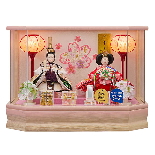 彩乃 豆親王飾り 桃 白木 木目 六角 ホワイトオークボカシ 刺繍バック アクリルケース オルゴール