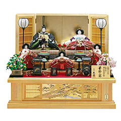 雛人形: 銘木 檜 華節の宴 刺繍 衣裳着 京九番親王 小三五官女 五人飾り 木製 三段飾り 【D-60】