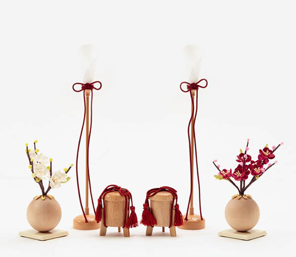 久月　 雛人形　刺繍 衣裳着 小三五親王 平飾り 白木 木目　詳細画像