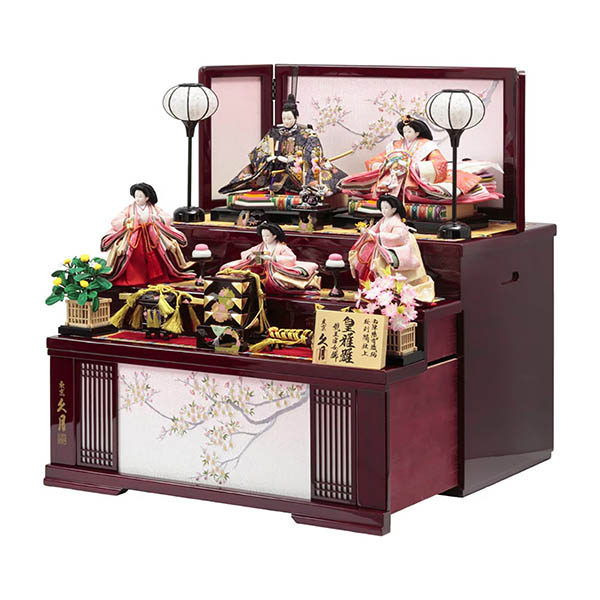 久月　 雛人形　皇雅雛 西陣織金襴 衣裳着 三五親王 芥子官女 五人飾り 収納三段飾り 引き出し式収納箱　詳細画像