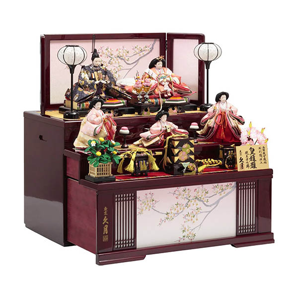 久月　 雛人形　皇雅雛 西陣織金襴 衣裳着 三五親王 芥子官女 五人飾り 収納三段飾り 引き出し式収納箱　詳細画像