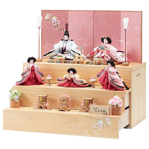 久月　 雛人形　銘木 檜 刺繍 衣裳着 芥子親王 柳官女 五人飾り 収納三段飾り 引き出し式収納箱　詳細画像