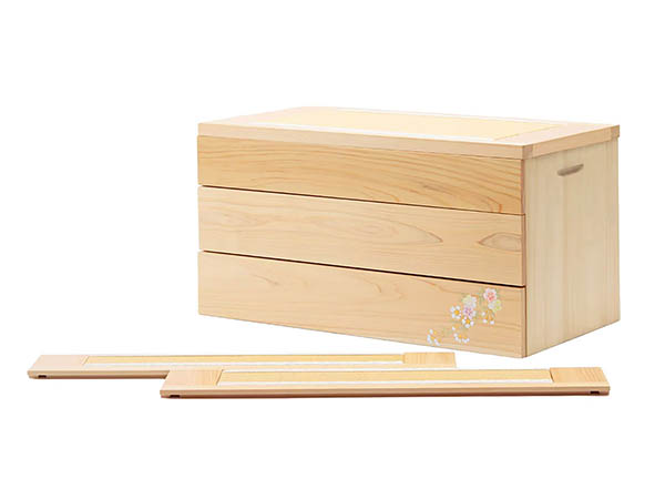 久月　 雛人形　銘木 檜 刺繍 衣裳着 芥子親王 柳官女 五人飾り 収納三段飾り 引き出し式収納箱　詳細画像