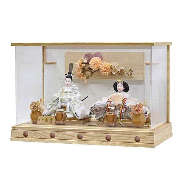 久月　 雛人形　久月 衣裳着 フラワーアート ケース入り 親王飾り レース 小三五親王 白木 木目 アクリルケース飾り　詳細画像