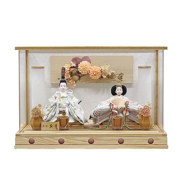 久月 衣裳着 フラワーアート ケース入り 親王飾り レース 小三五親王 白木 木目 アクリルケース飾