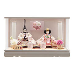 雛人形: 衣裳着 ケース入り 親王飾り 芥子親王 つまみ細工 花飾り アクリルケース 【D-100】