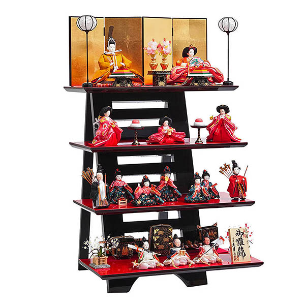 正絹有職 黄櫨染 衣裳着 芥子親王 二寸官女 棚式四段飾り 【D-63/6HR-D26】