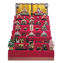 雛人形: 衣裳着 七番親王 七寸 十五人揃い 緋毛氈 七段飾り 【D-64】