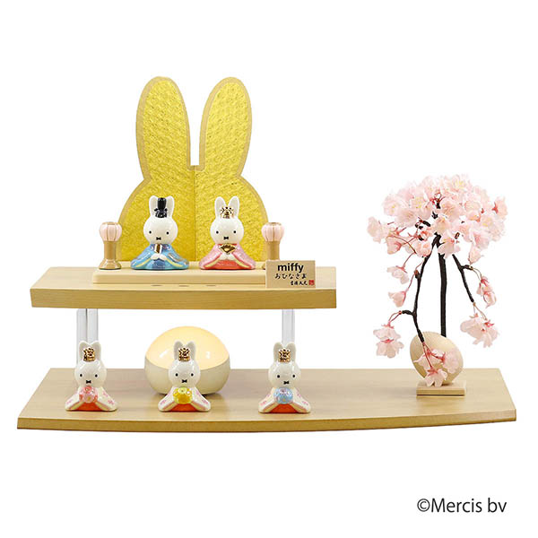 miffy ミッフィー 磁器 ひな人形 うさこ 親王 官女 五人飾り バーチ製 違い棚 LED照明