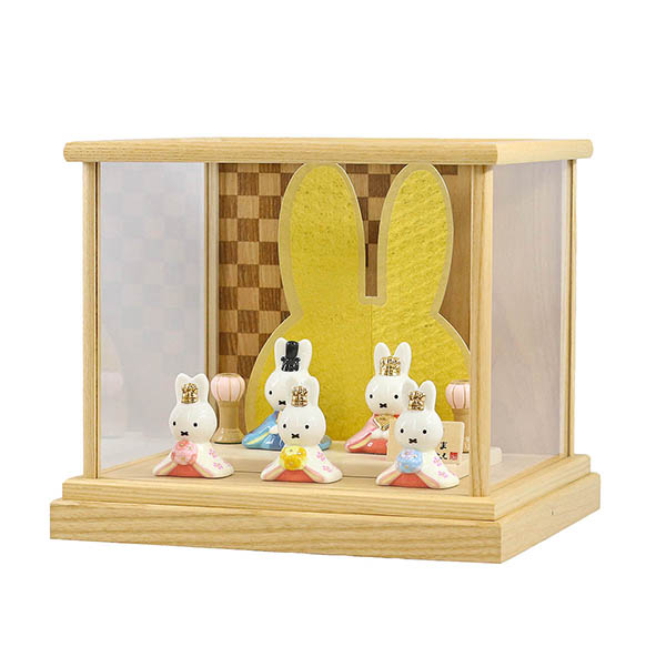吉徳　 雛人形　miffy  ミッフィー 磁器 ひな人形 うさこ 親王 官女 五人飾り 白木 市松文様 アクリルケース　詳細画像
