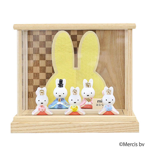 miffy  ミッフィー 磁器 ひな人形 うさこ 親王 官女 五人飾り 白木 市松文様 アクリルケー