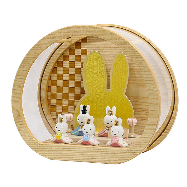 吉徳　 雛人形　miffy  ミッフィー 磁器 ひな人形 うさこ 親王 官女 五人飾り 円型 丸型 檜風木目 アクリルケース　詳細画像