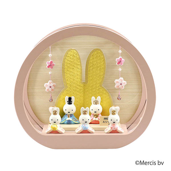 miffy ミッフィー 磁器 ひな人形 うさこ 親王 官女 五人飾り 円型 丸型 木目バック ピン