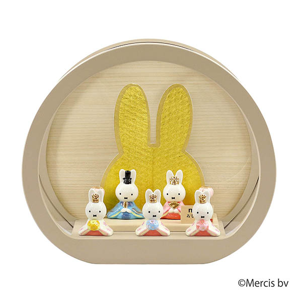 miffy ミッフィー 磁器 ひな人形 うさこ 親王 官女 五人飾り 円型 丸型 木目バック モカ