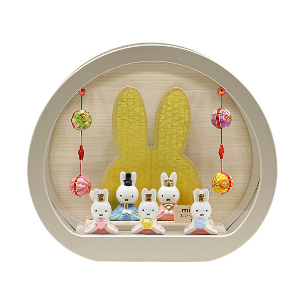 miffy ミッフィー 磁器 ひな人形 うさこ 親王 官女 五人飾り 円型 丸型 木目バック モカ