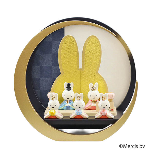 miffy ミッフィー 磁器 ひな人形 うさこ 親王 官女 五人飾り 円形丸型 市松柄 三日月飾り