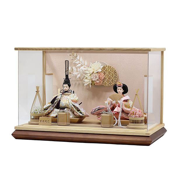 吉徳　 雛人形　白木 木目 花飾り アクリルケース入り 親王飾り　詳細画像