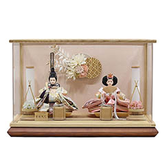 雛人形: 白木 木目 花飾り アクリルケース入り 親王飾り