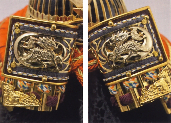 鈴木利光監製　久月作　麒麟児之兜　麒麟児二曲塗屏風中高床台飾り（正絹糸縅）