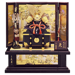 久月　正絹赤糸縅18号兜　祝陣枠屏風飾り　【19062】