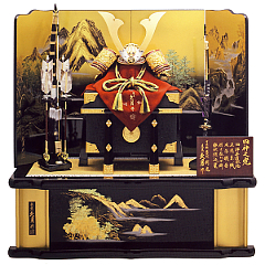 久月作 四神之兜 正絹緋糸沢瀉縅18号 四神山水塗屏風飾り 利光監製 【19222】