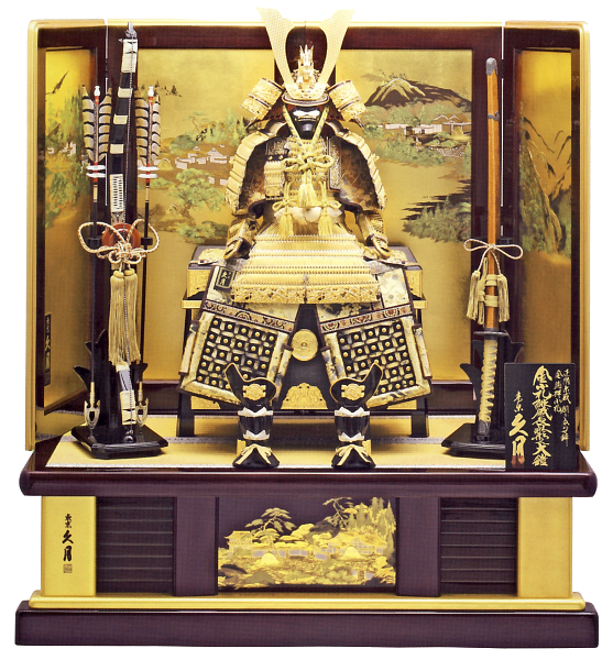 久月 金箔押小札 正絹緋縅15号大鎧 高雄秋景桐枠屏風飾り 【29112】