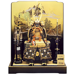 久月作　四神　正絹緋糸褄取縅10号大鎧　四神山水二曲屏風飾り　利光監製　【29332】