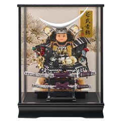 五月人形: 子供大将　伊達 銀 飾り オルゴール付き 黒塗り ガラスケース飾り 【G4-14】