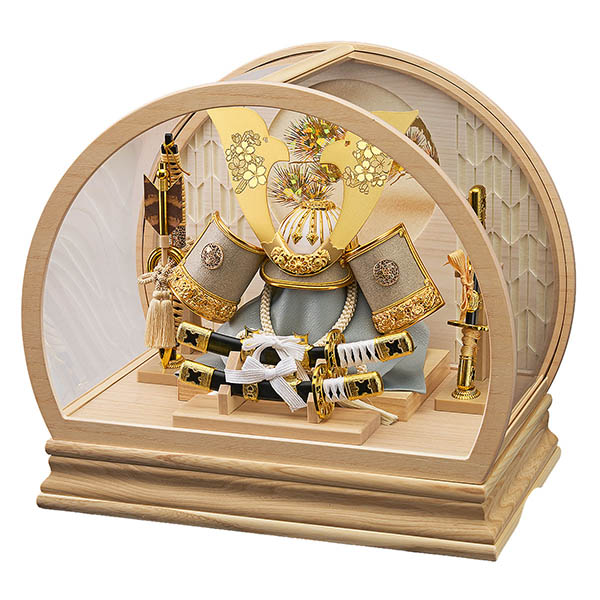 藤翁　 五月人形　北斗 桜柄入り 大鍬型 兜飾り 白木 木目 丸型 カブセ式 アクリルケース　詳細画像