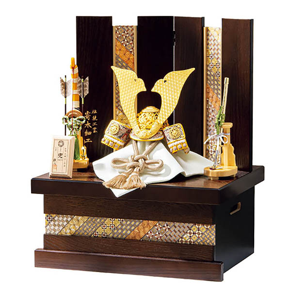 雄山作 収納 大地 薄茶糸縅 寄木細工収納箱 屏風 兜 収納飾り