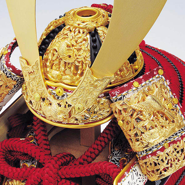 平安豊久　 五月人形　雄山作 四分の一 本仕立竹雀之鎧 赤糸威 鎧飾り　詳細画像