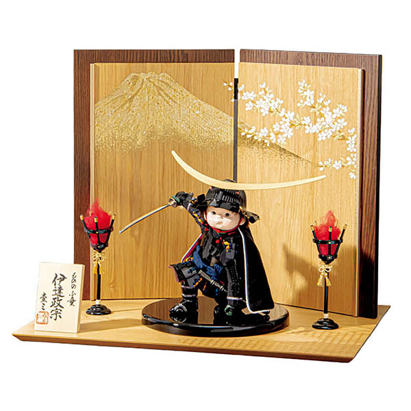 壹三作 （いちぞう） 英雄見参 伊達 富士に桜 木製飾り台屏風 篝火付き