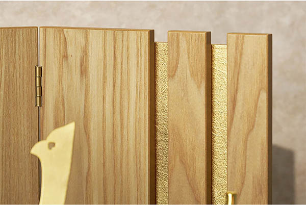 久月　 五月人形　中村宗光作 兜 収納飾り 正絹 白糸沢瀉縅 久月監製 麻の葉寄木二曲屏風 タモ収納箱 白木 木目　詳細画像