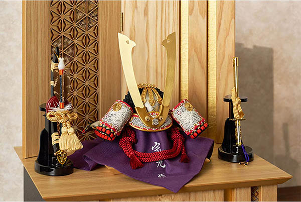 久月　 五月人形　中村宗光作 兜 収納飾り 正絹 白糸沢瀉縅 久月監製 麻の葉寄木二曲屏風 タモ収納箱 白木 木目　詳細画像