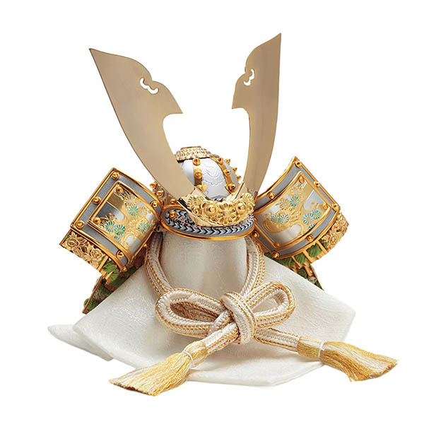 久月　 五月人形　上原玉鳳作 兜 平飾り 正絹 萌黄段縅 久月監製 白木 木目　詳細画像