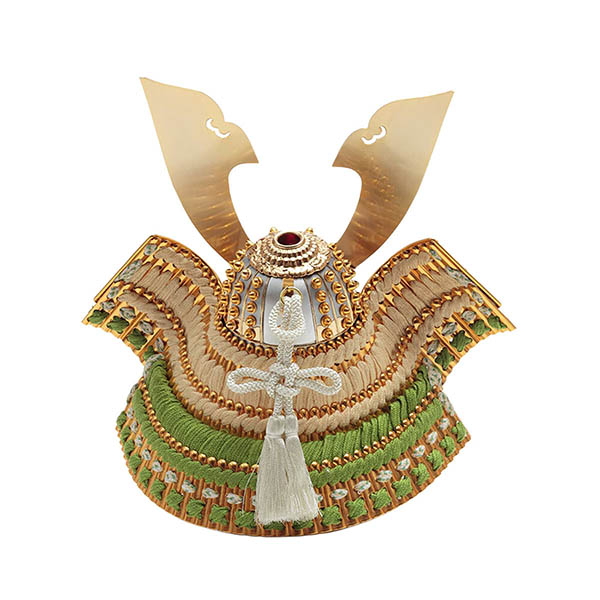 久月　 五月人形　上原玉鳳作 兜 平飾り 正絹 萌黄段縅 久月監製 白木 木目　詳細画像