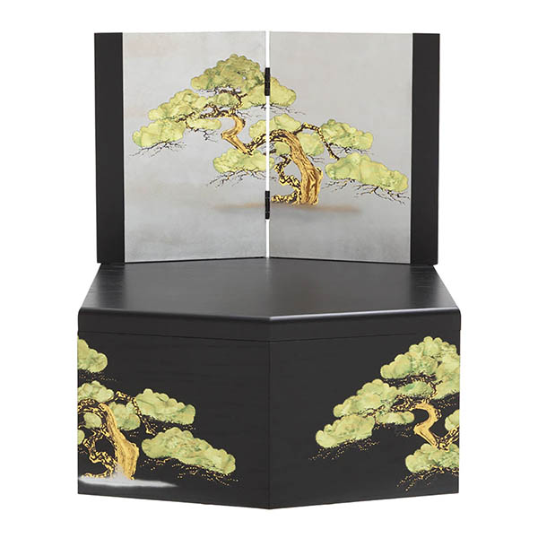 久月　 五月人形　大越広孝作 兜 収納飾り 緋糸沢瀉縅 久月監製 緑松蒔絵二曲屏風 収納箱　詳細画像