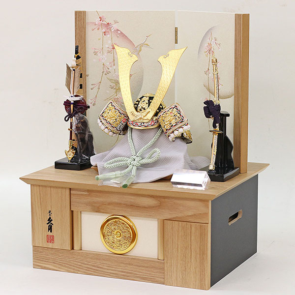 久月　 五月人形　平安武久作 本金箔押 兜 収納飾り 正絹 白緑匂縅 久月監製 鶴に桜二曲屏風 タモ収納箱　詳細画像