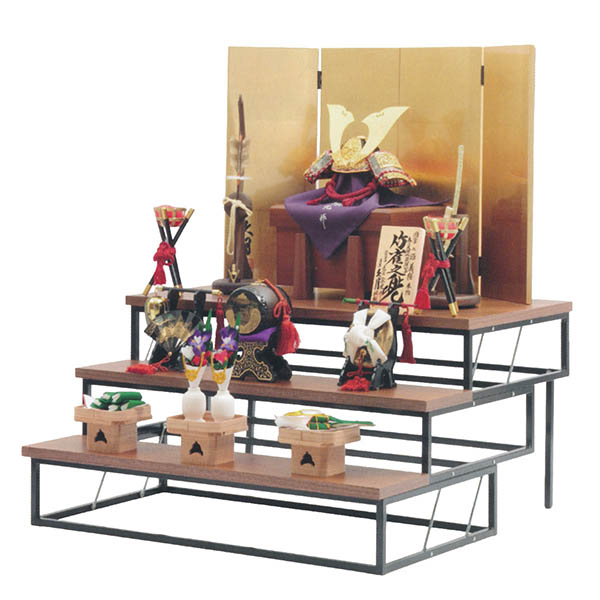 中村宗光作 竹雀之兜 三段飾り 赤糸縅 アルミフレーム飾り台 久月監製 【D-86】