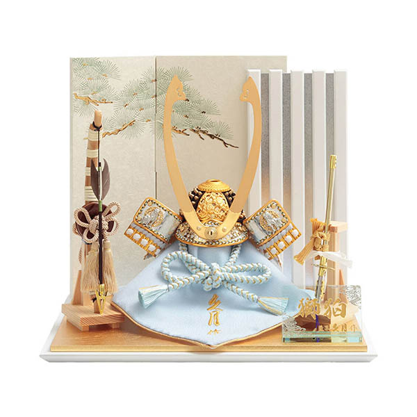 久月作 獅狛之兜 平飾り 正絹 水色匂縅 緑針松屏風 甲冑師 鈴木利光 【D-9】